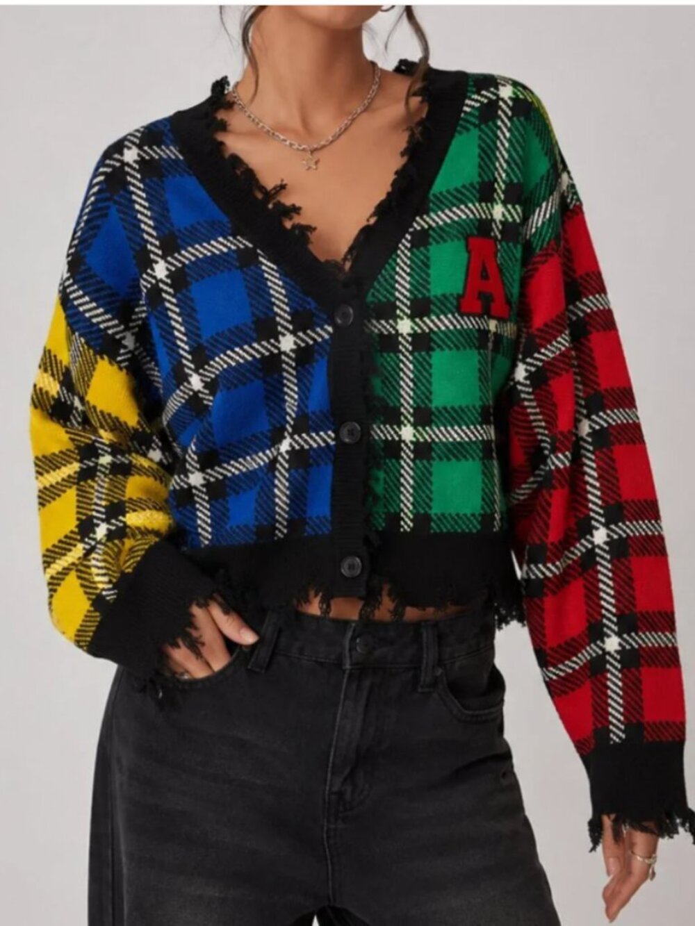 RUNWAY XL Multicolor Plaid Distressed Cropped Cardigan Varsity A Patch
